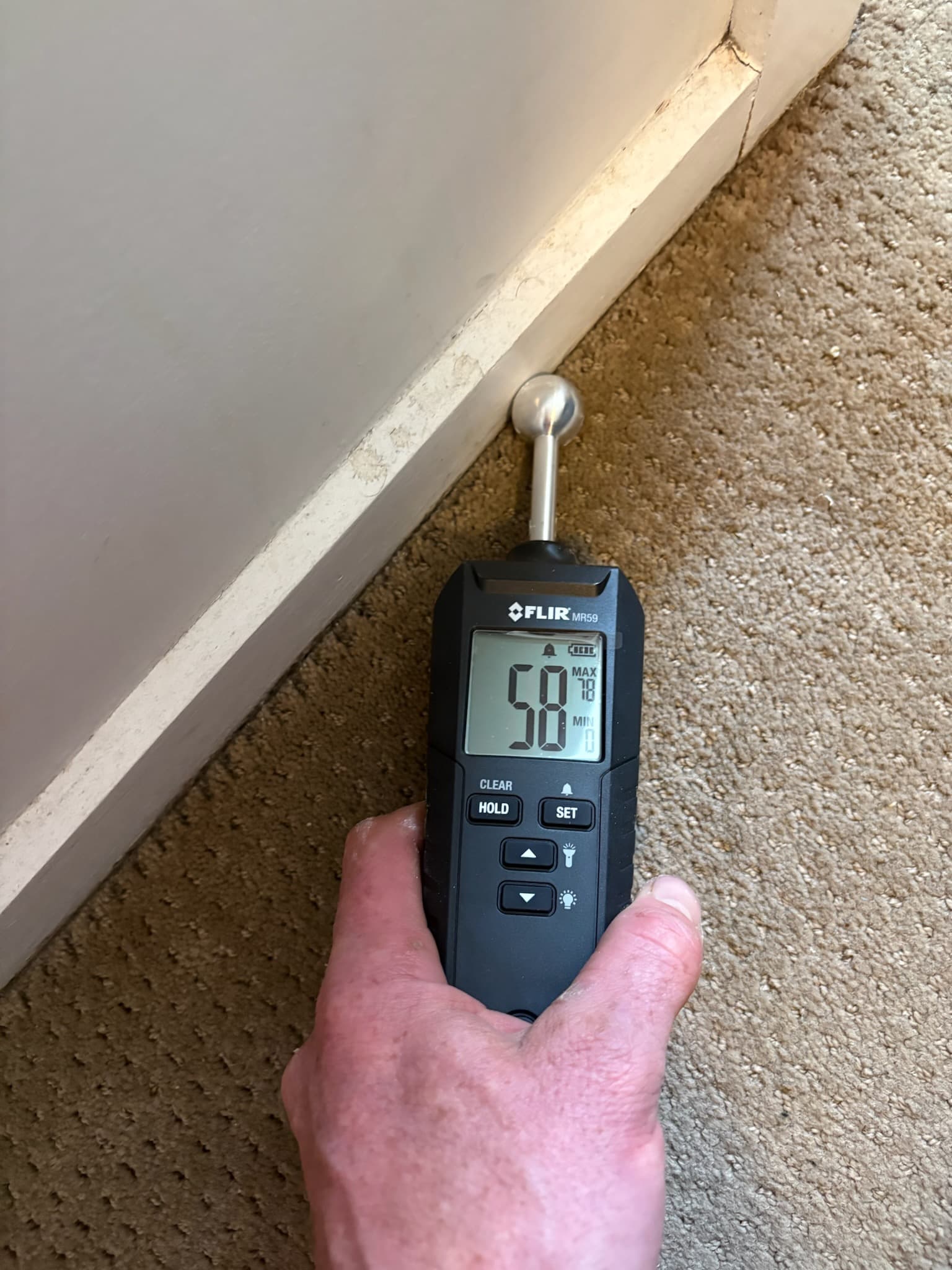 FLIR moisture meter testing the carpet and tile seam during a leak investigation