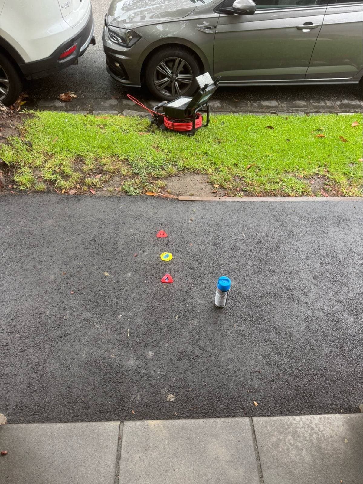Drain blockage location marked out on the surface after a CCTV inspection