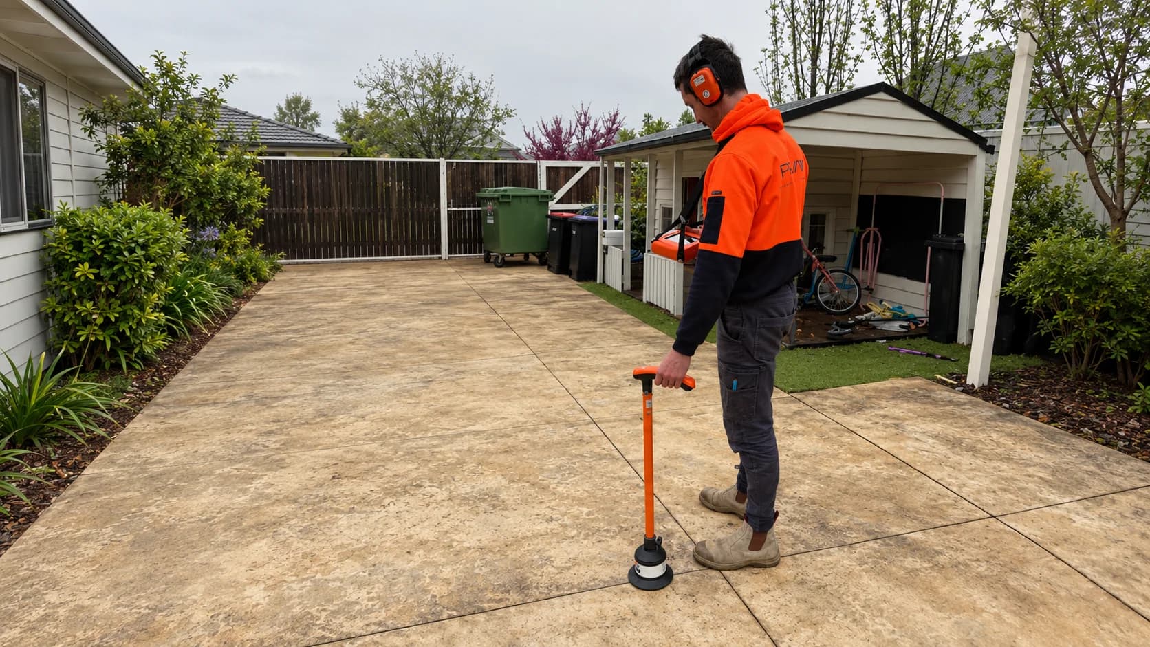 Prava technician using acoustic leak detection equipment on a residential driveway